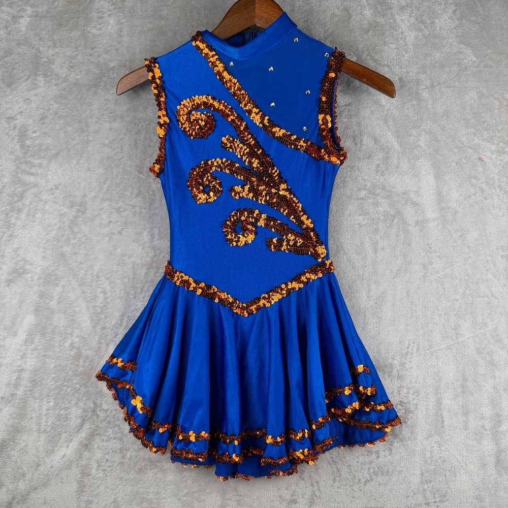 Vintage Marching Band Dance Womens Royal Blue Orange Sequin Dance Costume